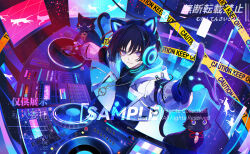 1boy animal_ear_headphones animal_ears black_gloves black_hair blunt_ends cat cat_ear_headphones cat_ears caution_tape dj eyeliner fake_animal_ears feathers genshin_impact gloves hair_between_eyes headphones highres jacket makeup male_focus neyti_(neytirv) pom_pom_(clothes) purple_eyes scaramouche_(genshin_impact) short_hair tassel watermark white_jacket