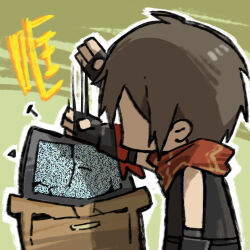 Rule 34 | 1boy, artist request, brown hair, chibi, chibi only, chinese commentary, chinese text, crt, drawer, from side, girls&#039; frontline, girls&#039; frontline neural cloud, lowres, official art, penumbra (neural cloud), scarf, second-party source, shaded face, solo