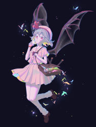 absurdres alternate_costume bag bat_(animal) bat_tattoo bat_wings black_background brown_shoes cup disposable_cup facial_tattoo grey_hair hat highres loafers looking_at_viewer loose_socks miniskirt pink_hat pink_shirt pink_skirt pleated_skirt red_eyes remilia_scarlet school_uniform shirt shoes short_hair shoulder_bag simple_background skirt slit_pupils socks sparkle tattoo touhou white_socks wings youpofen