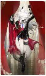 1girl absurdres animal_ears arknights arm_up black_boots black_gloves black_jacket boots border cape commentary curtains full_body gloves gradient_necktie grey_hair hair_between_eyes hair_ornament hairclip hand_up highres indoors jacket kurikabacha lappland_(arknights) lappland_the_decadenza_(arknights) long_hair long_sleeves looking_at_viewer multicolored_necktie necktie red_cape scar scar_across_eye scar_on_face signature smile solo standing tail watermark weibo_watermark white_border wolf_ears wolf_girl wolf_tail