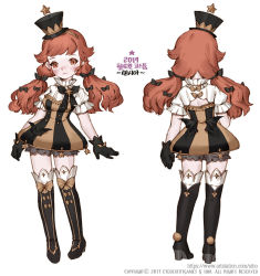 1girl 2017 artstation_username bow character_request reference_sheet commentary_request dragon_nest dress gloves hair_bow hat korean_commentary korean_text long_hair orange_eyes orange_hair siho_white solo star_(symbol) top_hat translation_request watermark web_address