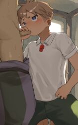 2boys absurdres blue_eyes blush brown_hair clothes_pull dark-skinned_male dark_skin fellatio highres indoors kodomo_doushi made_in_abyss male_focus multiple_boys nat_(made_in_abyss) oral paid_reward_available pants pants_pull pinku0511 reg_(made_in_abyss) shirt shota sweat topless_male whistle whistle_around_neck white_shirt yaoi