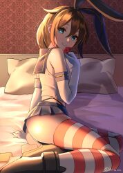 1girl ahoge ass bed black_hair black_hairband black_neckerchief black_panties blue_eyes blue_sailor_collar blue_skirt borsalino condom condom_wrapper cosplay crop_top elbow_gloves gloves hair_flaps hair_over_shoulder hairband highleg highleg_panties highres kantai_collection long_hair microskirt miniskirt neckerchief panties pillow pleated_skirt sailor_collar shigure_(kancolle) shigure_kai_ni_(kancolle) shimakaze_(kancolle) shimakaze_(kancolle)_(cosplay) shirt skirt sleeveless sleeveless_shirt solo striped_clothes striped_thighhighs thighhighs underwear white_gloves