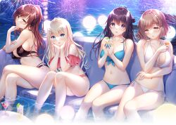 4girls :3 aerial_fireworks ahoge akizuki_mikoto aqua_eyes ayase_hazuki bikini black_bikini blonde_hair blue_bikini braid breasts brown_eyes brown_hair cherry cleavage cocktail_glass collarbone crossed_legs cup drink drinking_glass drinking_straw fireworks food front-tie_bikini_top front-tie_top fruit futaba_natsuho hair_bun hand_on_own_arm hand_on_own_chin hand_on_own_stomach hands_on_own_cheeks hands_on_own_face highres holding holding_cup ice ice_cube key_visual large_breasts lemon lemon_slice long_hair multi-strapped_bikini multiple_girls navel o-ring o-ring_bikini o-ring_top off-shoulder_bikini off_shoulder official_art open_mouth ponytail promotional_art purple_eyes purple_hair red_bikini sakurazaka_yuzuki short_hair shot_glass side-tie_bikini_bottom sideboob sitting soaking_feet spaghetti_strap swimsuit tachibana_iori white_bikini yubisaki_connection