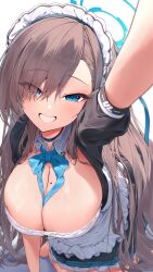1girl absurdres all_fours apron asuna_(blue_archive) asymmetrical_bangs bent_over black_shirt black_skirt blue_archive blue_bow blue_bowtie blue_eyes blush bow bowtie breasts brown_hair cleavage commentary frilled_apron frills grin hair_over_one_eye highres kneeling large_breasts long_hair looking_at_viewer maid maid_headdress miniskirt mole mole_on_breast reaching reaching_towards_viewer selfie shirt shumai_il skirt smile solo very_long_hair waist_apron white_apron