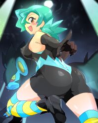 1girl ass bare_shoulders blush breasts covered_erect_nipples gen_4_pokemon gloves green_hair highres jenny_(pokemon) large_breasts leg_up long_glove luxray marble_(pokemon) medium_breasts moon nintendo official_alternate_costume orange_eyes pointing pointing_at_viewer pokemon pokemon_(anime) pokemon_dp059 pokemon_dppt_(anime) searchlight shoes skin_tight spandex striped_clothes striped_thighhighs thighhighs