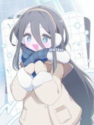 1girl :d anzen_robo_(474zz) aqua_eyes aqua_halo aris_(blue_archive) aris_(winter)_(blue_archive) artist_name blue_archive blue_scarf blush bright_pupils brown_coat brown_mittens buttons checkered_background coat commentary double-parted_bangs earmuffs fur-trimmed_coat fur-trimmed_sleeves fur_trim grey_halo hair_between_eyes halo hands_up hood hood_down hooded_coat long_bangs long_hair long_sleeves loosely_tucked_bangs mittens official_alternate_costume open_mouth own_hands_together plaid_clothes plaid_scarf pocket rectangular_halo ringed_eyes scarf sidelocks signature smile solo sparkle upper_body very_long_hair winter_clothes winter_coat