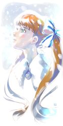 1girl absurdres anastasia_(shadow_hearts) blush bow brown_hair closed_mouth fur_trim green_eyes hair_bow highres katou_miyako lips long_hair shadow_hearts shadow_hearts_ii snowing solo twintails very_long_hair