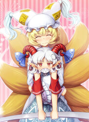 Rule 34 | 2girls, absurdres, animal ears, blonde hair, blue dress, blue ribbon, blush, chima q, clenched teeth, curled horns, dress, earrings, fox ears, fox tail, grey hair, hat, highres, holding, horn ornament, horn ribbon, horns, jewelry, long sleeves, mob cap, multiple girls, multiple tails, pointy ears, red eyes, red horns, red sleeves, ribbon, sharp teeth, sheep horns, short hair, tail, teeth, touhou, toutetsu yuuma, white dress, white headwear, wide sleeves, yakumo ran