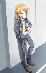 Rule 34 | 1girl, blazer, brown shoes, chewing gum, collared shirt, crossdressing, dress pants, highres, idolmaster, idolmaster cinderella girls, idolmaster cinderella girls u149, jacket, mebachi maguro (trok mebachi), necktie, orange hair, red necktie, reverse trap, shirt, shoes, swept bangs, tomboy, vest, watch, wristwatch, yuuki haru