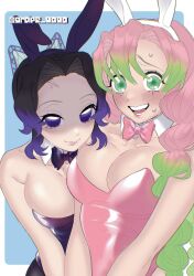2girls absurdres anger_vein animal_ear_hairband animal_ears armpit_crease bare_shoulders black_hair bow bowtie breasts butterfly_hair_ornament cleavage commentary_request detached_collar fake_animal_ears false_smile forehead gradient_hair grape_gogo green_eyes green_hair hair_ornament hairband highres kanroji_mitsuri kimetsu_no_yaiba kochou_shinobu large_breasts leotard lossy-lossless mole mole_under_each_eye mole_under_eye multicolored_hair multiple_girls multiple_moles non-web_source pink_hair playboy_bunny purple_eyes purple_hair rabbit_ear_hairband rabbit_ears raised_inner_eyebrows russian_commentary shaded_face smile strapless strapless_leotard sweat traditional_bowtie twintails
