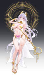 1girl absurdres ancient_egyptian_clothes arm_tattoo armor breast_tattoo breasts chano39 commission full_body gladiator_sandals gold_thighlet hair_intakes highres holding holding_staff large_breasts long_hair looking_at_viewer navel original pelvic_curtain pubic_tattoo purple_eyes revealing_clothes sandals skindentation solo staff stomach tattoo thighs usekh_collar white_hair