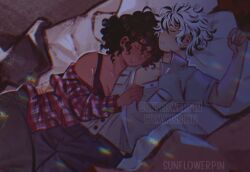 1boy 1girl baxter_ward black_hair bra breasts brown_hair cleavage closed_eyes collared_shirt curly_hair dark dark-skinned_female dark_skin denim dress hand_on_another&#039;s_waist head_on_pillow highres jeans leaning_on_person leg_over_thigh lens_flare lying main_character_(our_life) multicolored_hair off-shoulder_dress off_shoulder on_back on_bed on_side open_mouth our_life:_beginnings_and_always outstretched_arm pants partially_unbuttoned pillow plaid_clothes shirt sleeping sleeping_on_person sunnyflowerday1 underwear white_hair