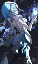 1girl absurdres armlet blake_bloom_(wuthering_waves) blue_butterfly blue_hair blue_veil breasts bug butterfly closed_mouth colored_eyelashes commentary dated dress english_commentary feet_out_of_frame from_behind hand_up highres insect jewelry large_breasts long_hair purple_eyes qtian shorekeeper_(wuthering_waves) signature sleeveless sleeveless_dress solo two-tone_veil veil white_veil wuthering_waves