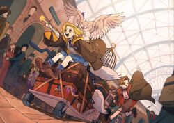 1boy 1girl :d animal animal_on_back bandaid bandaid_on_knee bandaid_on_leg bird birdcage black_robe blonde_hair blue_skirt blue_socks boots bow bowtie bright_pupils broom brown_boots brown_eyes brown_hair brown_shorts cage character_request check_character chinese_commentary closed_eyes collared_shirt commentary_request crossover curtained_hair cybermen doctor_who eleventh_doctor_(doctor_who) grey_necktie harry_potter_(series) highres holding holding_wand indoors juanmao long_sleeves necktie open_clothes open_mouth open_robe owl people pink_shirt pushcart red_bow red_bowtie robe running shirt short_hair shorts sitting skirt smile socks suitcase tentacles the_doctor_(doctor_who) thirteenth_doctor_(doctor_who) train_station two-sided_fabric wand white_pupils white_shirt wide_sleeves wizarding_world