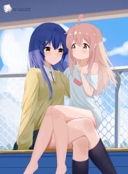 2girls absurdres blue_hair brown_footwear date_a_live genderswap genderswap_(mtf) highres itsuka_shiori long_hair looking_at_another multiple_girls no_pants onii-chan_wa_oshimai! oyama_mahiro pink_hair school_uniform sitting sitting_on_lap sitting_on_person socks yuri