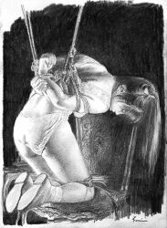 Rule 34 | 1girl, bdsm, bound, bound arms, bound legs, bound wrists, chair, highres, kanai kiyoaki, long hair, monochrome, panties, restrained, rope, shibari, traditional media, underwear