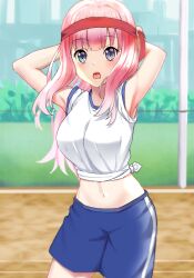 1girl absurdres armpits arms_behind_head bare_arms blue_eyes blue_shorts blurry blurry_background breasts cowboy_shot fujiwara_chika gym_shirt gym_shorts gym_uniform headband highres kaguya-sama_wa_kokurasetai_~tensai-tachi_no_renai_zunousen~ large_breasts long_hair midriff navel open_mouth outdoors pink_hair red_headband rinse_7 shirt shorts sleeves_rolled_up solo standing tied_shirt tying_headband white_shirt