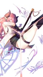 1girl absurdres asymmetrical_legwear belt breasts bug butterfly draph drawing_sword dynamic_pose gloves granblue_fantasy highres holding holding_sword holding_weapon horns insect large_breasts looking_at_viewer narmaya_(granblue_fantasy) pink_hair pointy_ears purassi88 sideboob sleeveless solo sword thigh_belt thigh_strap weapon