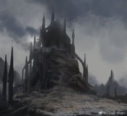 castle chinese_commentary cloud cloudy_sky commentary_request fantasy fog hill mountainous_horizon no_humans original qiao-shan realistic scenery sky watermark weibo_watermark
