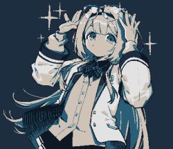 100387l 1girl blunt_bangs bow bowtie cardigan collared_shirt commentary cowboy_shot eyewear_on_head hairband hands_up hashtag-only_commentary highres jacket jaggy_lines limited_palette long_hair long_sleeves looking_at_viewer nijisanji open_clothes open_jacket school_uniform selene_girls_school_uniform shirt simple_background skirt solo standing suo_sango suo_sango_(1st_costume) toshi_densetsu_kaitai_center virtual_youtuber