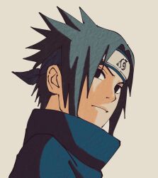 Rule 34 | 1boy, black eyes, black hair, blue shirt, closed mouth, forehead protector, highres, k00399608, konohagakure symbol, looking at viewer, male focus, naruto (classic), naruto (series), shirt, short hair, solo, uchiha sasuke, upper body, white background