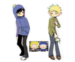 2boys beanie blonde_hair blue_jacket craig_tucker cup green_eyes green_shirt hand_in_pocket hat highres holding holding_cup jacket looking_at_another male_focus mug multiple_boys one_eye_closed pom_pom_(clothes) pom_pom_beanie reference_inset shirt short_hair simple_background south_park standing tweek_tweak white_background xianning233
