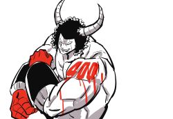 Rule 34 | 1boy, absurdres, afro, arm guards, broad shoulders, buffaloman, clenched hands, grin, highres, horns, kinnikuman, looking at viewer, male focus, medium hair, muscular, muscular male, simple background, smile, sushio, white background