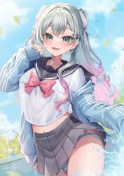 1girl blue_jacket blue_sailor_collar blush bow bra breasts collarbone fang gradient_hair green_bra green_eyes green_hair green_panties grey_skirt hair_ornament hair_ribbon highres jacket large_breasts long_hair long_sleeves looking_at_viewer midriff momoirone multicolored_hair navel open_clothes open_jacket open_mouth original outdoors panties pink_bow pink_hair pleated_skirt pool ribbon sailor_collar school_uniform see-through_clothes see-through_shirt shirt skirt smile solo thighhighs underwear water water_drop wet white_shirt white_thighhighs