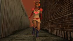 1girl 3d antennae belt blonde_hair boots breasts brown_eyes choker cleavage costume female_focus gloves hack headphones heart heather_mason legs motor_vehicle outdoors panties plant princess_heart running short_hair silent_hill silent_hill_(series) silent_hill_3 skirt sky solo star_(symbol) underwear upskirt van vines wall