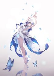 1girl armlet bare_legs blue_butterfly blue_hair blue_veil breasts bug butterfly commentary dress english_commentary heel-less_heels high_heel_sandals highres insect jewelry legs long_hair medium_breasts minglu_(gululu) parted_lips purple_eyes reflective_floor sandals shorekeeper_(wuthering_waves) sleeveless sleeveless_dress solo toes two-tone_veil veil white_dress white_veil wide_shot wuthering_waves