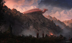 Rule 34 | 2others, brazier, cape, cloud, cloudy sky, commentary, dragon, english commentary, evening, fantasy, fire, flag, flower, fog, holding, holding flag, jjcanvas, landscape, mountainous horizon, multiple others, orange sky, original, outdoors, painterly, photoshop (medium), procreate (medium), red cape, red flower, red scales, rock, scales, scenery, sky, standing, star (sky), starry sky, torn flag, western dragon, wide shot