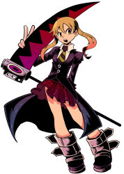 1girl absurdres annoyed black_boots black_coat blonde_hair boot_straps boots breasts buttons coat collared_shirt combat_boots film_grain floating_clothes floating_hair full_body green_eyes green_necktie hair_between_eyes halftone head_tilt highres holding holding_behind_back holding_scythe holding_weapon_behind_back leaning_to_the_side long_sleeves looking_to_the_side maka_albarn necktie open_mouth oversized_footwear parted_bangs plaid_clothes plaid_skirt red_skirt scythe shirt simple_background skirt small_breasts solo soul_eater standing striped_necktie teeth thighs twintails upper_teeth_only v v-shaped_eyebrows vakodraws white_background white_shirt