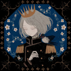 1boy animal animal_on_shoulder bird bird_on_shoulder black_jacket closed_eyes closed_mouth crown gloves grey_hair haru_(sekhl) jacket medium_hair military_uniform original parted_bangs shirt swallow_(bird) white_gloves white_shirt