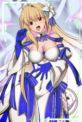 1girl archetype_earth arcueid_brunestud bare_shoulders blonde_hair blue_gloves breasts cleavage cowboy_shot detached_sleeves dress food gloves highres hirakawa multicolored_hair open_mouth pink_hair red_eyes solo strapless strapless_dress tongue tongue_out tsukihime two-tone_hair watermark white_dress white_sleeves