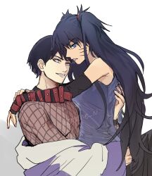 Rule 34 | 1boy, 1girl, artist name, black gloves, black hair, blue eyes, dress, elbow gloves, fingerless gloves, fishnet top, fishnets, genderswap, genderswap (ftm), genderswap (mtf), gloves, grey background, grey eyes, grin, hair ribbon, highres, hyuuga hinata, long hair, menma (naruto), naruto: road to ninja, naruto (series), naruto shippuuden, notane n, purple dress, ribbon, short hair, simple background, sitting, smile, teeth