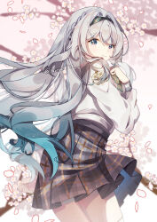 1girl absurdres black_hairband blush bow breasts checkered_bow checkered_clothes closed_mouth falling_petals firefly_(honkai:_star_rail) firefly_(spring_missive)_(honkai:_star_rail) gradient_hair green_bow grey_hair grey_shirt hair_between_eyes hair_intakes hair_ornament hairband hand_on_own_chest highres honkai:_star_rail honkai_(series) long_hair long_sleeves looking_at_viewer looking_back medium_breasts multicolored_hair natsume618 official_alternate_costume petals pink_eyes school_uniform shirt smile solo thighhighs twitter_username white_shirt white_thighhighs