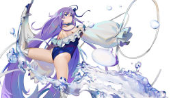 Rule 34 | 1girl, ass, back, bare legs, blue choker, blue eyes, blue one-piece swimsuit, boots, breasts, choker, closed mouth, commentary, cowboy shot, fate/grand order, fate (series), female focus, frilled one-piece swimsuit, frills, hair between eyes, hair ribbon, highres, kibawa, leg up, long hair, long sleeves, looking at viewer, medium breasts, meltryllis, meltryllis (fate), meltryllis (swimsuit lancer) (fate), meltryllis (swimsuit lancer) (second ascension) (fate), one-piece swimsuit, purple hair, ribbon, silver boots, simple background, sleeves past fingers, sleeves past wrists, solo, standing, standing on one leg, swimsuit, thigh boots, thighhighs, thighs, very long hair, water, white background, wide sleeves