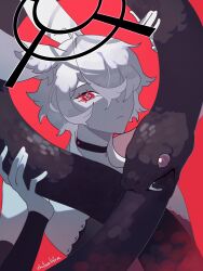 1boy animal_ears colored_skin expressionless halo highres looking_at_viewer original ouroboros rabbit_ears red_background red_eyes rei_(crrn) shiba_kiba snake solo white_hair white_skin
