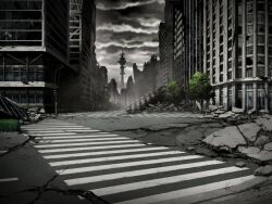 Rule 34 | artist request, building, bush, cityscape, cloud, cloudy sky, crack, crosswalk, day, game cg, lamppost, magia record: mahou shoujo madoka magica gaiden, mahou shoujo madoka magica, no humans, official art, outdoors, radio tower, road, ruins, scenery, sidewalk, sky, skyscraper, storm, street