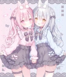 2girls :d :t animal_ear_fluff animal_ears belt black_belt black_bow black_bowtie black_skirt blue_background blue_hair blue_shirt blush border bow bowtie braid breasts brooch center-flap_bangs center_frills choker color_contrast commentary_request cowboy_shot cross cross_choker double-parted_bangs frilled_shirt frilled_shirt_collar frilled_skirt frilled_sleeves frilled_thigh_strap frills hair_between_eyes hair_over_shoulder heart heart_belt_buckle heart_brooch highres holding_hands jewelry jirai_kei lace lace_border latin_cross long_hair looking_at_viewer miniskirt multiple_girls omochi_monaka open_mouth original ornate_border pink_background pink_bandaid pink_eyes pink_hair pink_shirt pout puritan_collar rabbit_ears rabbit_girl shirt shirt_tucked_in side-by-side side_braid sidelocks single_braid skindentation skirt skirt_hold small_breasts smile solo symmetrical_pose thigh_strap twitter_username two-tone_background watermark wavy_hair yellow_eyes