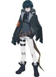 1boy arknights faust_(arknights) full_body green_eyes jacket jacket_on_shoulders official_art pants pointy_ears red_pupils short_hair thigh_strap white_pants