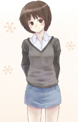 1girl amagami arms_behind_back blush breasts brown_eyes brown_hair clothes_lift commentary cowboy_shot denim denim_skirt dress_shirt gradient_background grey_sweater hair_strand head_tilt looking_at_viewer purea shirt short_hair skirt skirt_lift small_breasts smile snowflakes solo standing sweater tachibana_miya white_background white_shirt