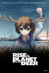 1girl :3 absurdres antlers arm_up artist_name blue_neckerchief blue_sailor_collar blue_sky bob_cut bridge brown_hair building burning burning_building city clenched_hand closed_mouth cloud cloudy_sky collared_shirt commentary crowd deer deer_antlers deer_girl dress_shirt english_text golden_gate_bridge green_eyes hair_between_eyes highres horns looking_at_viewer mountainous_horizon movie_poster neckerchief ocean parody planet_of_the_apes poster_parody sailor_collar san_francisco school_uniform serafuku shikanoko_noko shikanoko_nokonoko_koshitantan shirt short_hair sky skyscraper smile smoke smug solo suspension_bridge title twitter_username v-shaped_eyebrows water white_shirt whitter