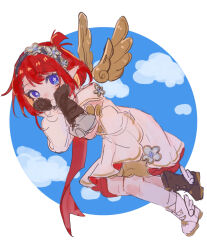 1girl ankle_boots ankle_wings asymmetrical_footwear black_hairband blue_eyes blue_sky bob_cut boots border braid braided_bangs brown_boots brown_gloves brown_wings closed_mouth cloud cloudy_sky commentary_request cross-shaped_pupils detached_wings dress expressionless flower_hairband flying full_body gloves hairband hands_on_own_cheeks hands_on_own_face hands_up highres honkai:_star_rail honkai_(series) looking_at_viewer mismatched_footwear one_side_up pointy_ears red_hair round_border short_dress short_hair single_sleeve sketch sky solo sousaku_rousoku symbol-shaped_pupils tribbie_(honkai:_star_rail) white_boots white_dress white_wings wings