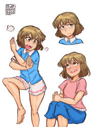 Rule 34 | 1girl, artist name, ayumu niikura, blue pants, blush, brown eyes, brown hair, city (arawi keiichi), closed mouth, highres, looking at viewer, open mouth, pajamas, pants, pink shirt, shirt, short hair, short sleeves, shorts, simple background, solo, subzerofrog, teeth, upper teeth only, white background