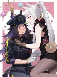 Rule 34 | 2girls, animal ears, bare shoulders, black dress, black gloves, black hair, black jacket, black pantyhose, blush, breasts, chisanchisyo3, closed mouth, dress, ears through headwear, evening gown, fenomeno (umamusume), gloves, gold ship (la mode 564) (umamusume), gold ship (umamusume), grey hair, hat, highres, horse ears, horse girl, horse tail, jacket, jewelry, lace, lace gloves, large breasts, long hair, long sleeves, multicolored hair, multiple girls, official alternate costume, official alternate hairstyle, open mouth, pants, pantyhose, peaked cap, ponytail, purple eyes, purple hair, sleeveless, sleeveless dress, smile, tail, umamusume, weighing scale, yuri