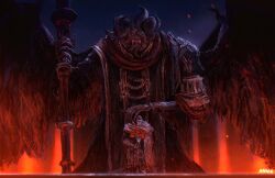 2boys anniechromes armor artist_name asymmetrical_horns bouquet closed_mouth elden_ring embers flower glowing glowing_eyes highres holding holding_bouquet holding_polearm horns kneeling looking_down missing_eye mohg_lord_of_blood multiple_boys multiple_horns ornate_clothes polearm red_flower red_rose robe rose sharp_teeth signature stole teeth trident weapon white-faced_varre