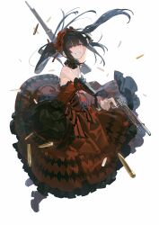 Rule 34 | 1girl, antique firearm, argyle clothes, argyle dress, arm up, asymmetrical dual wielding, bare shoulders, black boots, black choker, black hair, black sleeves, blunt bangs, boots, bow, brown bess, bullet, chinese commentary, choker, commentary request, cross-laced clothes, cross-laced hairband, cross-laced sleeves, date a live, detached sleeves, dress, dual wielding, dynamic pose, fighting stance, finger on trigger, firearm, firelock, flintlock, floating clothes, floating hair, frilled bow, frilled choker, frilled dress, frilled hairband, frilled sleeves, frills, full body, gangsta hold, gothic lolita, grin, gun, hair ribbon, hairband, handgun, heterochromia, high heel boots, high heels, highres, holding, holding gun, holding weapon, layered dress, lolita fashion, lolita hairband, long dress, long hair, long sleeves, looking at viewer, musket, red bow, red dress, red eyes, red hairband, ribbon, rifle, sidelocks, simple background, sleeveless, sleeveless dress, smile, solo, striped bow, tefco, tokisaki kurumi, tokisaki kurumi (spirit), twintails, waist bow, weapon, white background, yellow eyes