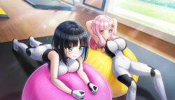 2girls ball black_hair blue_hair blunt_bangs bodysuit breasts dolphin_wave eines_(dolphin_wave) exercise_ball exercising game_cg green_eyes hair_ornament hair_ribbon hairclip highres large_breasts long_hair multicolored_hair multiple_girls nacht_(dolphin_wave) non-web_source official_art ootomo_takuji pink_eyes pink_hair ribbon short_hair skin_tight sweat two-tone_hair